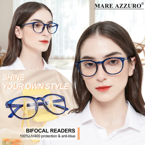 MARE AZZURO Large Round Bifocal Reading Glasses Women Blue Light Blocking Readers 1.0 1.25 1.5 1.75 2.0 2.25 2.5 2.75 3.0 3.5