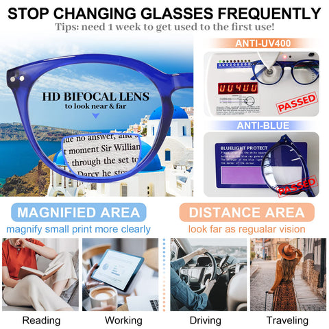 MARE AZZURO Large Round Bifocal Reading Glasses Women Blue Light Blocking Readers 1.0 1.25 1.5 1.75 2.0 2.25 2.5 2.75 3.0 3.5