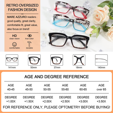 MARE AZZURO Large Reading Glasses Women Retro Square Readers
