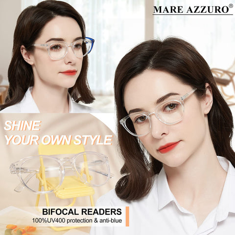 MARE AZZURO Large Round Bifocal Reading Glasses Women Blue Light Blocking Readers 1.0 1.25 1.5 1.75 2.0 2.25 2.5 2.75 3.0 3.5