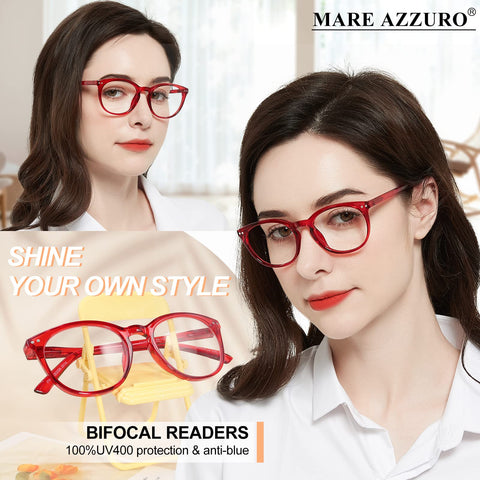 MARE AZZURO Large Round Bifocal Reading Glasses Women Blue Light Blocking Readers 1.0 1.25 1.5 1.75 2.0 2.25 2.5 2.75 3.0 3.5