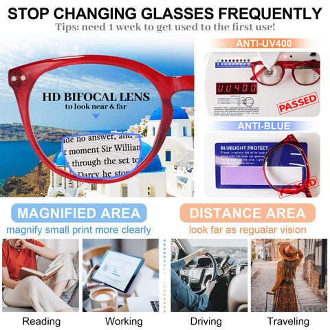 MARE AZZURO Large Round Bifocal Reading Glasses Women Blue Light Blocking Readers 1.0 1.25 1.5 1.75 2.0 2.25 2.5 2.75 3.0 3.5