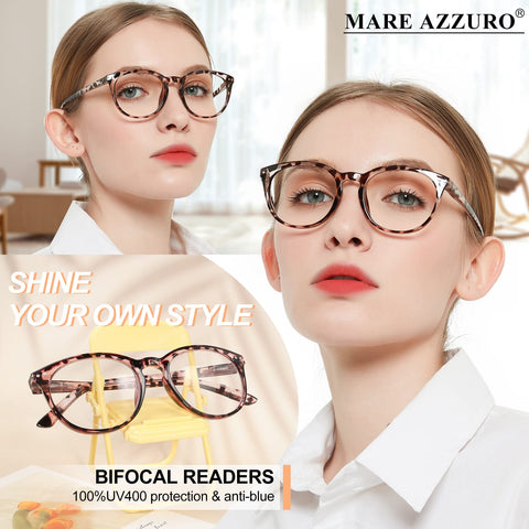 MARE AZZURO Large Round Bifocal Reading Glasses Women Blue Light Blocking Readers 1.0 1.25 1.5 1.75 2.0 2.25 2.5 2.75 3.0 3.5