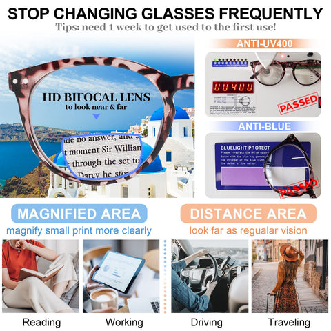 MARE AZZURO Large Round Bifocal Reading Glasses Women Blue Light Blocking Readers 1.0 1.25 1.5 1.75 2.0 2.25 2.5 2.75 3.0 3.5