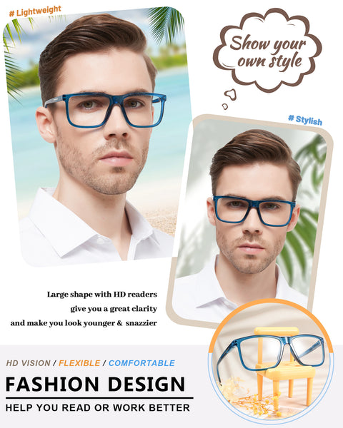 MARE AZZURO Oversized Square Reading Glasses Men Big Readers