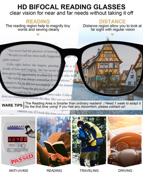 MARE AZZURO Trendy Bifocal Reading Glasses Men Blue Light Blocking Outdoor Readers 1.0 to 3.5