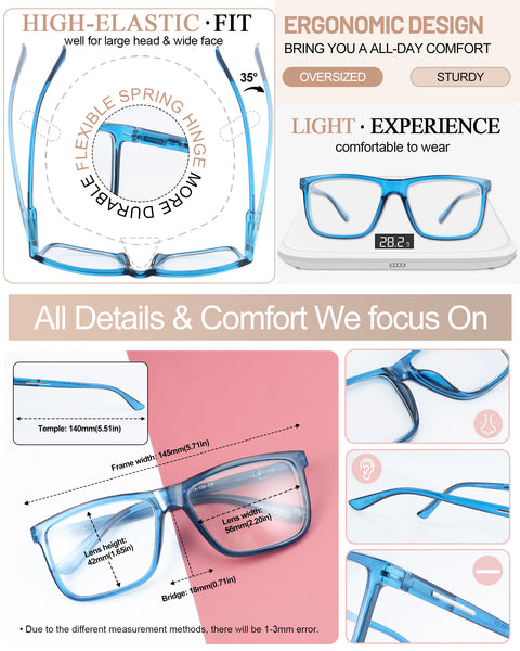 MARE AZZURO Oversized Square Reading Glasses Men Big Readers