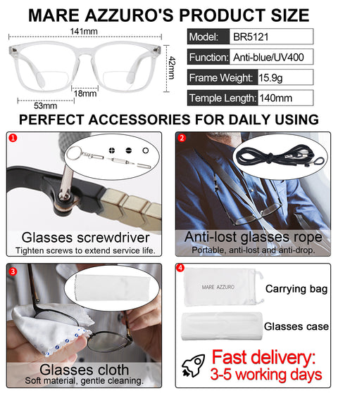 MARE AZZURO Trendy Bifocal Reading Glasses Men Blue Light Blocking Outdoor Readers 1.0 to 3.5
