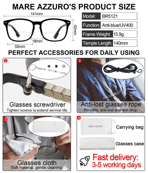 MARE AZZURO Trendy Bifocal Reading Glasses Men Blue Light Blocking Outdoor Readers 1.0 to 3.5