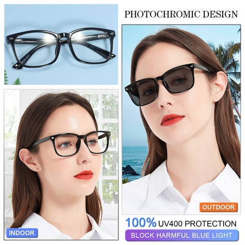 MARE AZZURO Photochromic Reading Glasses Women Blue Light Blocking Square Readers 1.0 to 4.0