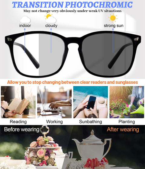 MARE AZZURO Photochromic Reading Glasses Women Blue Light Blocking Square Readers 1.0 to 4.0