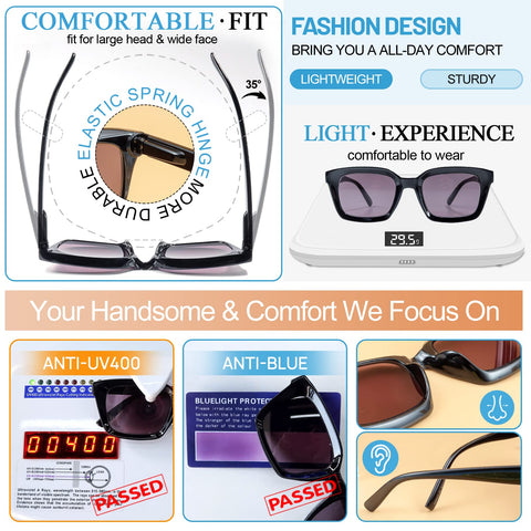 MARE AZZURO Reader Sunglasses Men Retro Square Sun Reading Glasses