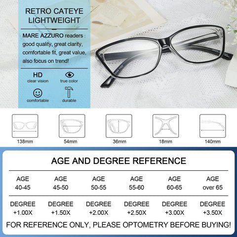 MARE AZZURO Cat Eye Reading Glasses Women Retro Cute Readers 1.0 1.5 2.0 2.5 3.0 3.5 4.0