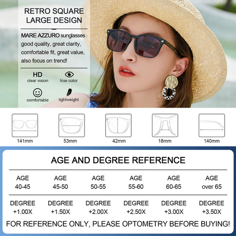 MARE AZZURO Bifocal Reading Sunglasses Women Trendy Square Outdoor Readers 1.0 1.5 2.0 2.5 3.0 3.5 4.0