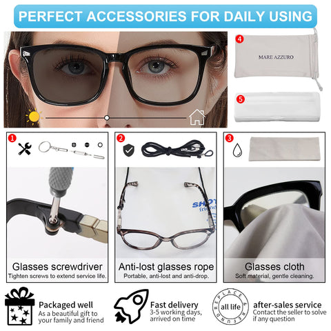 MARE AZZURO Photochromic Reading Glasses Women Blue Light Blocking Square Readers 1.0 to 4.0