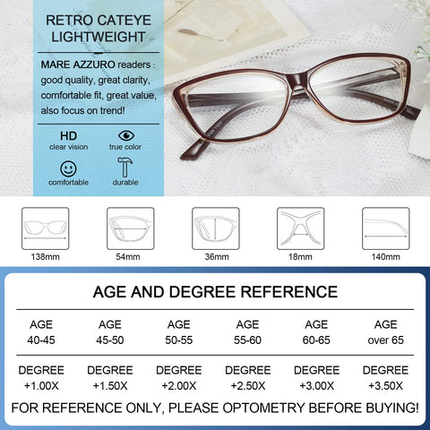 MARE AZZURO Cat Eye Reading Glasses Women Retro Cute Readers 1.0 1.5 2.0 2.5 3.0 3.5 4.0