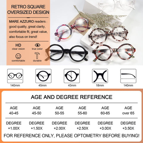 MARE AZZURO Round Reading Glasses 1.0 Women Stylish Readers 0 1.00 1.25 1.50 1.75 2.00 2.25 2.50 2.75 3.00 3.50 4.00 5.00 6.00