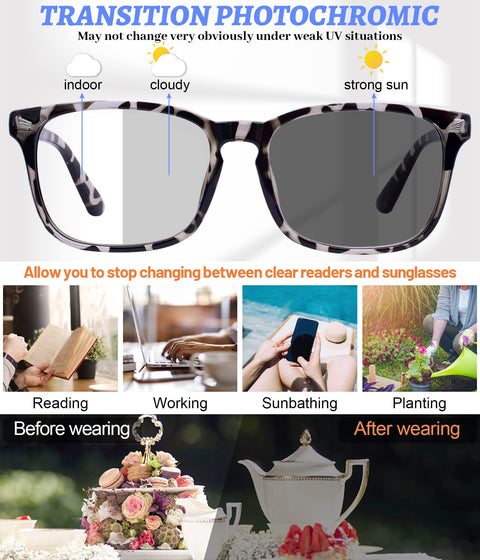 MARE AZZURO Photochromic Reading Glasses Women Blue Light Blocking Square Readers 1.0 to 4.0