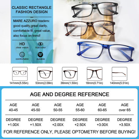 MARE AZZURO Lightweight Reading Glasses Women Large Square Readers 1.0 1.25 1.5 1.75 2.0 2.25 2.5 2.75 3.0 3.5 4.0 5.0 6.0
