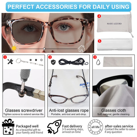 MARE AZZURO Photochromic Reading Glasses Women Blue Light Blocking Square Readers 1.0 to 4.0