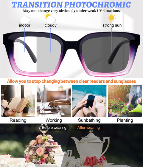 MARE AZZURO Photochromic Reading Glasses Women Blue Light Blocking Oversized Readers 1.0 to 4.0