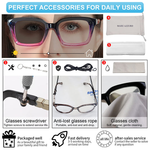 MARE AZZURO Photochromic Reading Glasses Women Blue Light Blocking Oversized Readers 1.0 to 4.0