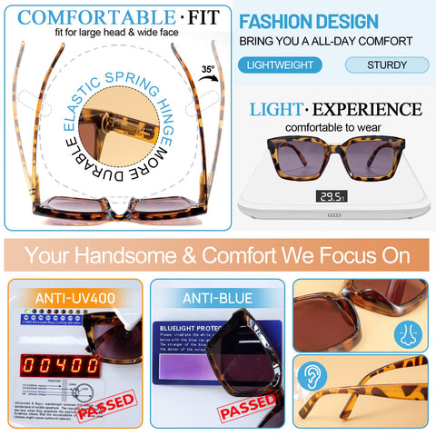 MARE AZZURO Reader Sunglasses Men Retro Square Sun Reading Glasses