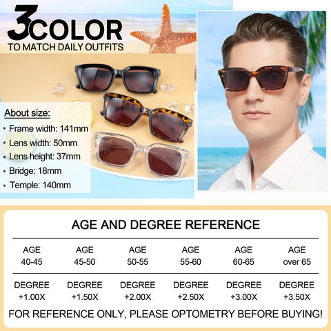 MARE AZZURO Reader Sunglasses Men Retro Square Sun Reading Glasses