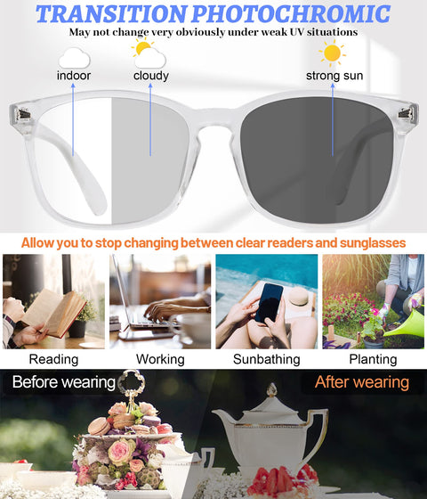 MARE AZZURO Photochromic Reading Glasses Women Blue Light Blocking Square Readers 1.0 to 4.0