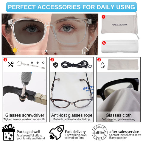 MARE AZZURO Photochromic Reading Glasses Women Blue Light Blocking Square Readers 1.0 to 4.0