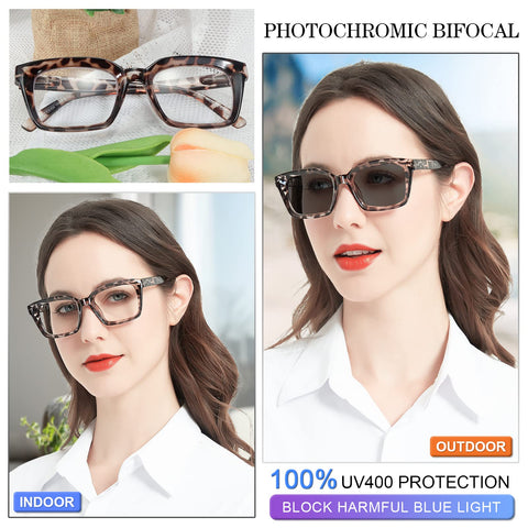 MARE AZZURO New Photochromic Bifocal Reading Glasses Women Blue Light Blocking Oversized Sun Readers