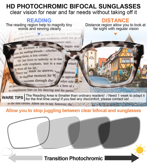 MARE AZZURO New Photochromic Bifocal Reading Glasses Women Blue Light Blocking Oversized Sun Readers