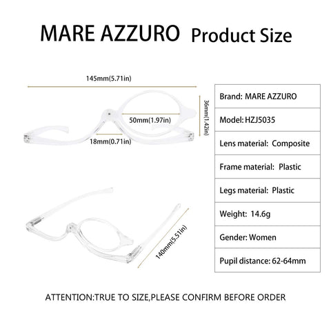 MARE AZZURO Eye Makeup Reading Glasses Women Folding Cosmetic Readers 1.0 to 6.0