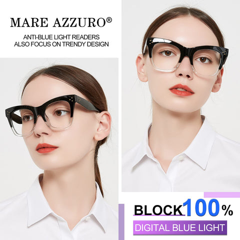 MARE AZZURO Oversized Reading Glasses Women Blue Light Blocking Trendy Large Readers