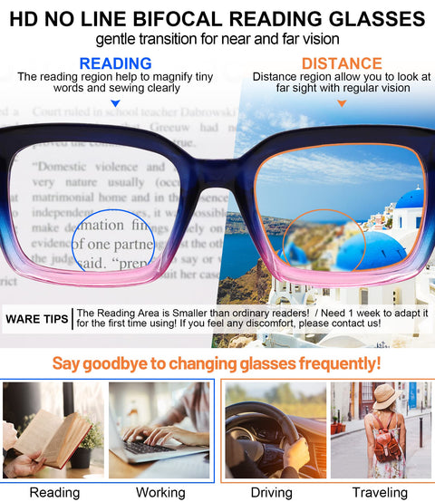 MARE AZZURO No Line Bifocal Reading Glasses Women Oversized Blue Light Blocking Readers