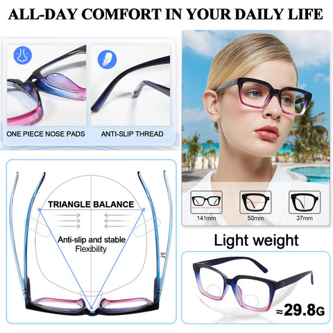 MARE AZZURO No Line Bifocal Reading Glasses Women Oversized Blue Light Blocking Readers