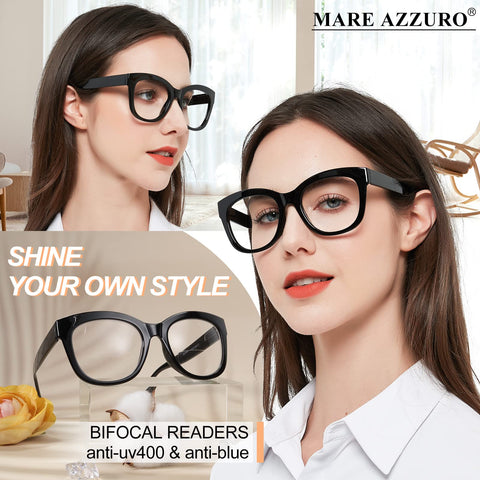 MARE AZZURO Fashion Stylish Oversized Bifocal Reading Glasses For Women Blue Light Blocking Readers 1.0  to 3.0