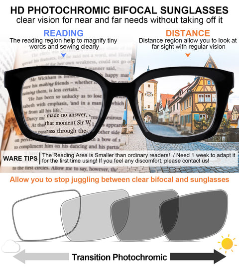 MARE AZZURO New Photochromic Bifocal Reading Glasses Women Blue Light Blocking Oversized Sun Readers