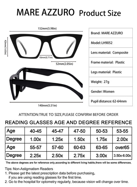 MARE AZZURO Oversized Reading Glasses For Women Cat Eye Readers  Fashionable