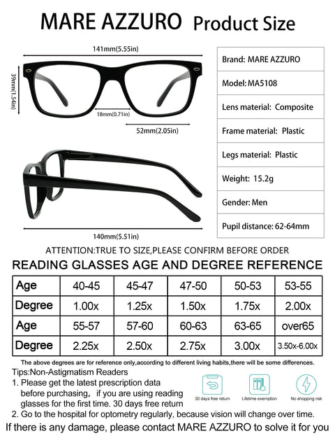 MARE AZZURO Big Frame Reading Glasses Men Square Readers  Designer Reading Glasses