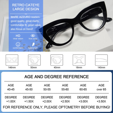 MARE AZZURO Retro Cat Eye Reading Glasses Women Large Frame Readers (1.0-6.0)