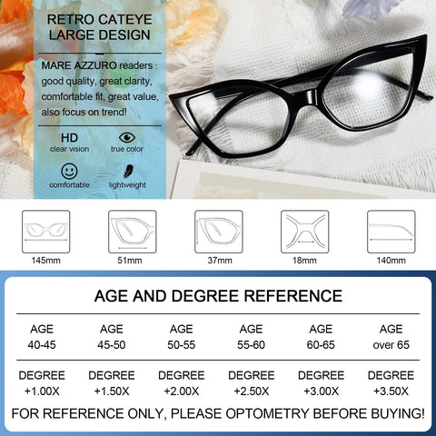 Cat Eye Reading Glasses For Women Retro Cute Readers MARE AZZURO  0 1.0 1.25 1.5 1.75 2.0 2.25 2.5 2.75 3.0 3.5 4.0 5.0 6.0