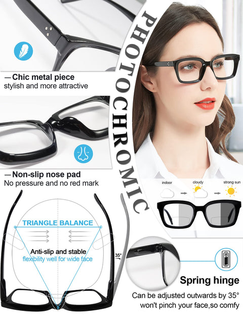 MARE AZZURO New Photochromic Bifocal Reading Glasses Women Blue Light Blocking Oversized Sun Readers