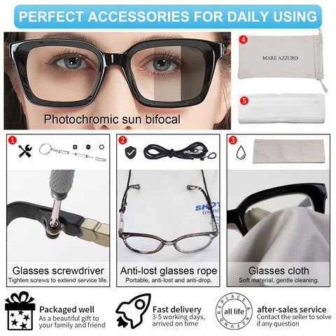 MARE AZZURO New Photochromic Bifocal Reading Glasses Women Blue Light Blocking Oversized Sun Readers