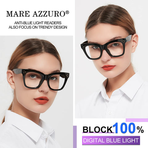 MARE AZZURO Oversized Reading Glasses Women Blue Light Blocking Trendy Large Readers