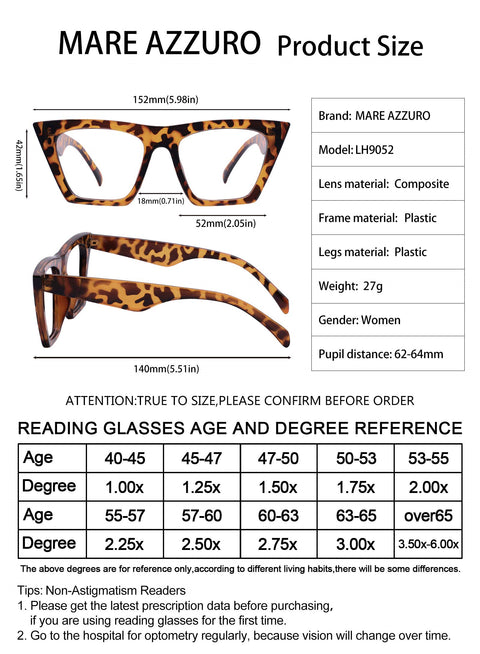 MARE AZZURO Oversized Reading Glasses For Women Cat Eye Readers  Fashionable