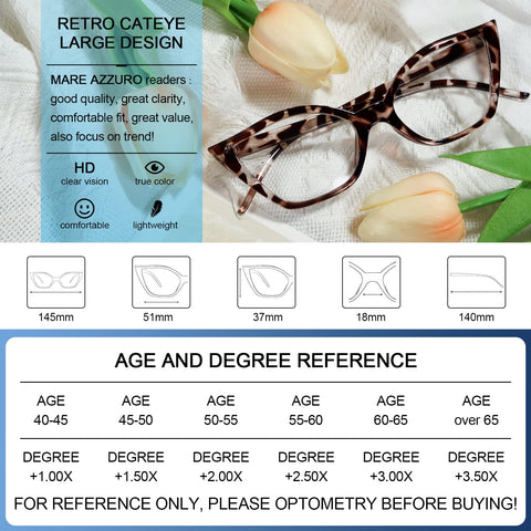 Cat Eye Reading Glasses For Women Retro Cute Readers MARE AZZURO  0 1.0 1.25 1.5 1.75 2.0 2.25 2.5 2.75 3.0 3.5 4.0 5.0 6.0