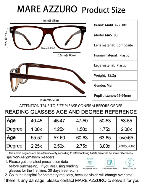 MARE AZZURO Big Frame Reading Glasses Men Square Readers  Designer Reading Glasses