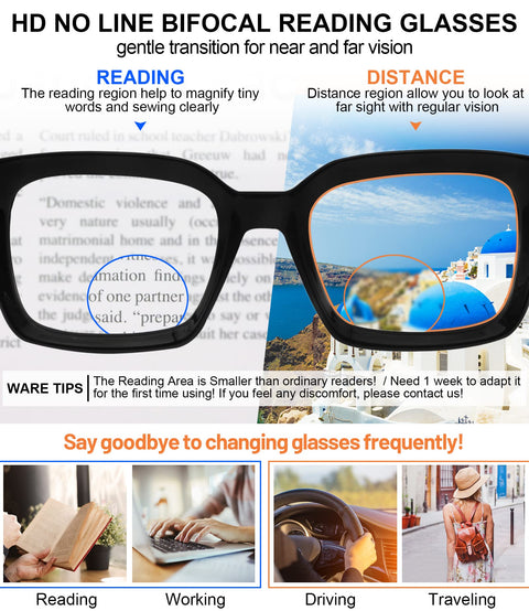 MARE AZZURO No Line Bifocal Reading Glasses Women Oversized Blue Light Blocking Readers