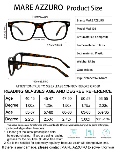 MARE AZZURO Big Frame Reading Glasses Men Square Readers  Designer Reading Glasses